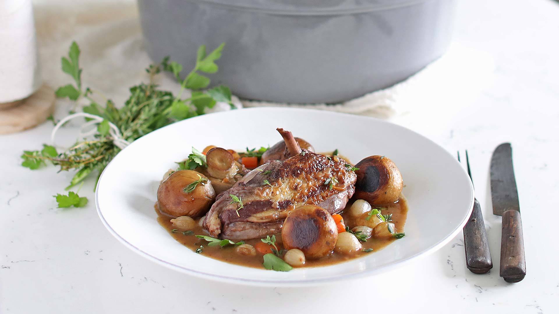 Classic Coq Au Vin with Mushrooms and Pearl Onions